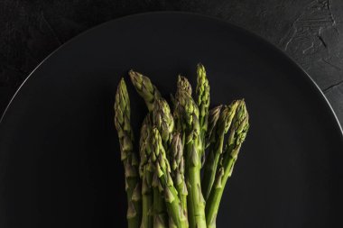 Siyah siyah plaka üzerinde yeşil taze kuşkonus