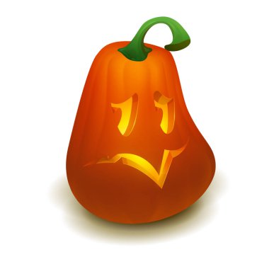 İçinde mum olan gerçekçi bir Cadılar Bayramı kabağı. Mutlu yüz Cadılar Bayramı balkabağı beyaz arka planda izole.