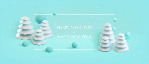Happy New Year, Merry Christmas banner. Poster background with placefor your text. Modern minimal Happy New Year concept. . Vector 3d illustration of abstract geometric white Christmas trees. EPS10