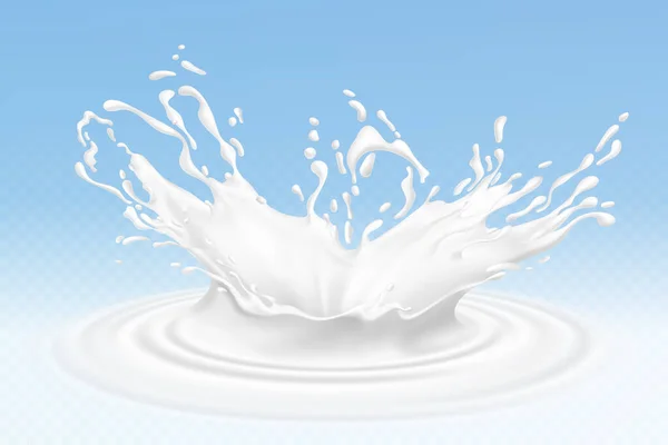 载体现实的牛奶或酸奶溅，流动的奶油，抽象的白色斑点，牛奶分离的蓝色背景。天然、有机奶制品的设计. — 图库矢量图片