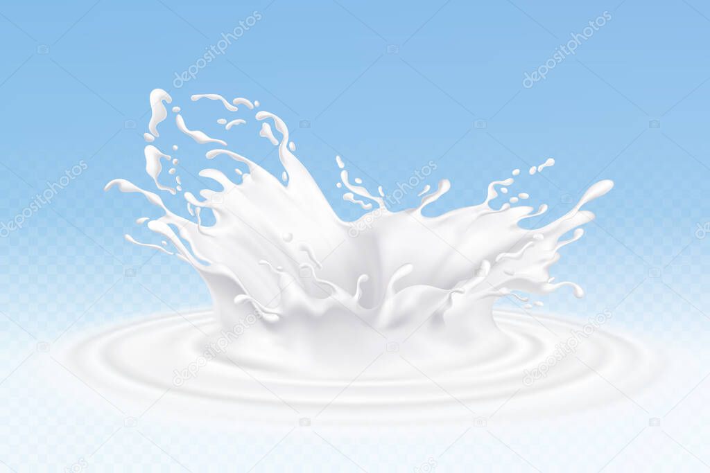 Vector realistic milk or yogurt splashes, flowing cream, abstract white blots, milk isolated on blue background. Design of natural, organic dairy products.