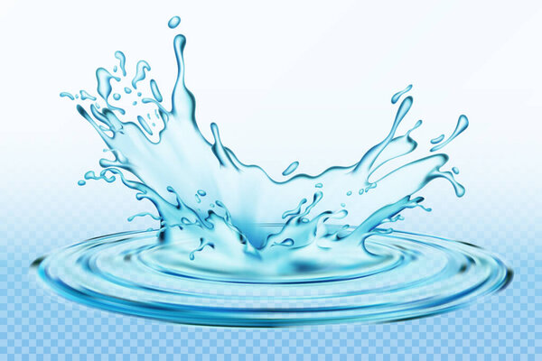 Transparent vector water splash and wave on light background. Design of natural, organic products.