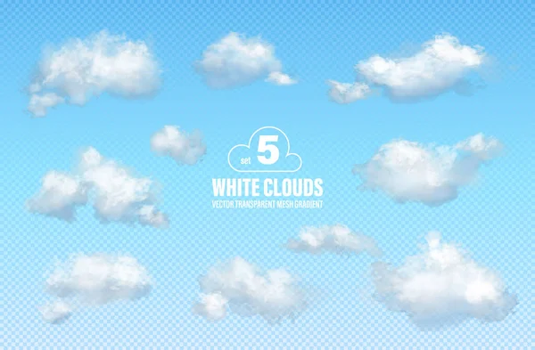 Установите 5 прозрачных облаков, изолированных на синем фоне. Эффект прозрачности. Векторная иллюстрация EPS10 — стоковый вектор
