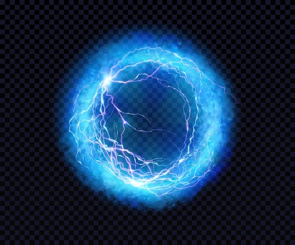 Pelota eléctrica. Círculo de rayos. Thunderbolt. Efecto de descarga eléctrica vectorial. La esfera de luz en colores azul y púrpura aislados sobre un fondo negro. Flash, bola de plasma, energía o portal. Vector — Vector de stock