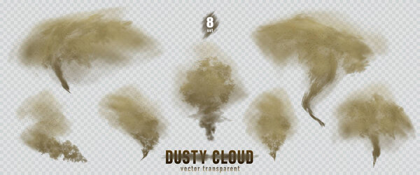 Dusty cloud or broun dry sand flying with a gust of wind, sandstorm, explosion realistic texture with small particles or grains of sand illustration 8 set isolated on transparent background. Vector