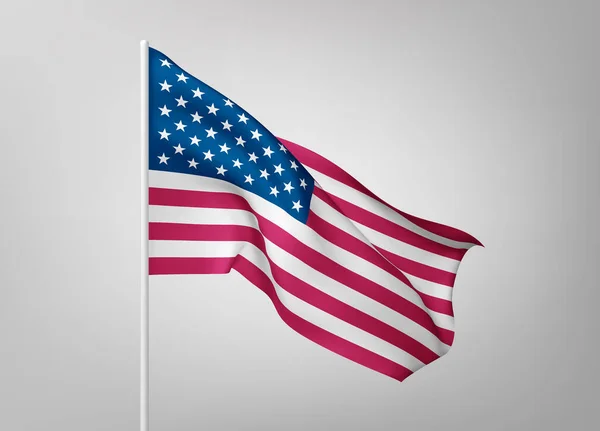 Flaggen der Vereinigten Staaten von Amerika auf weißen Stahlmasten isoliert auf weißem Hintergrund. Nationales Symbol der USA, seidenschwenkendes Banner mit roten und weißen Streifen, mit Sternen auf blauer Farbe. Vektor 3d — Stockvektor