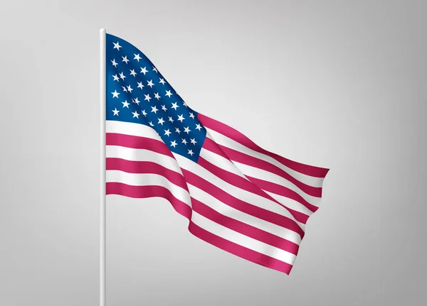 Флаги Соединенных Штатов Америки на белых стальных столбах изолированы на белом фоне. Национальный символ США, шелковое развевающееся знамя с красными и белыми полосами, со звездами голубого цвета. Вектор 3d — стоковый вектор