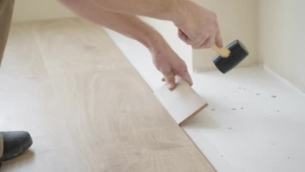 Close Footage Repairman Putting Parquet Board Floor Renovation — Stock Video