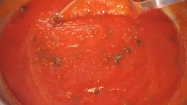 Cuoco mescola salsa di pomodoro con spezie alle erbe in ciotola di metallo — Video Stock