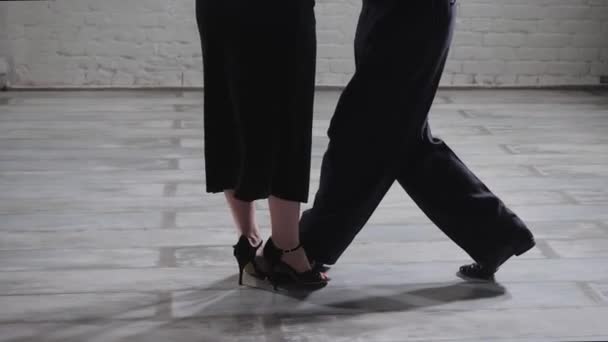Graceful girl and young man dance passionate tango in studio — Stock Video