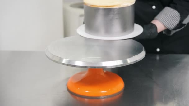 Panettiere mette torta in teglia su elegante supporto a tavola — Video Stock