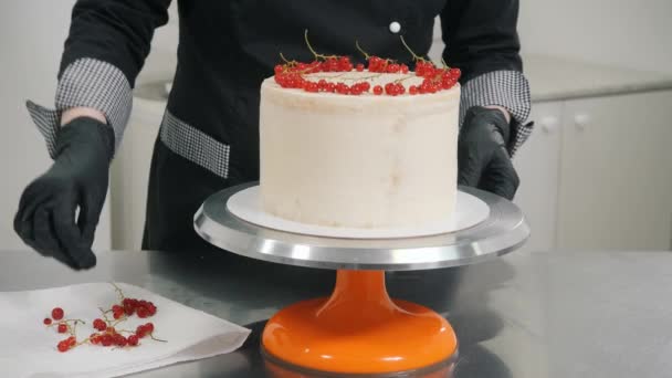 Boulanger met des baies de groseille pour décorer délicieux haut de gâteau — Video