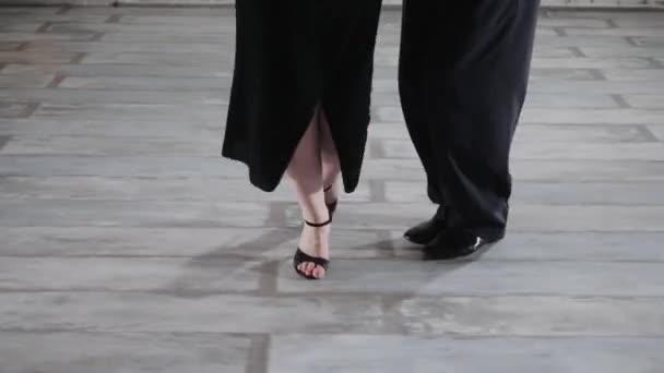 Vrouw met man danst tango met speelse figuren in studio — Stockvideo