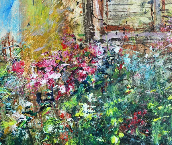 Jardin Fleuri Peinture Huile Illustration Art Acrylique — Photo