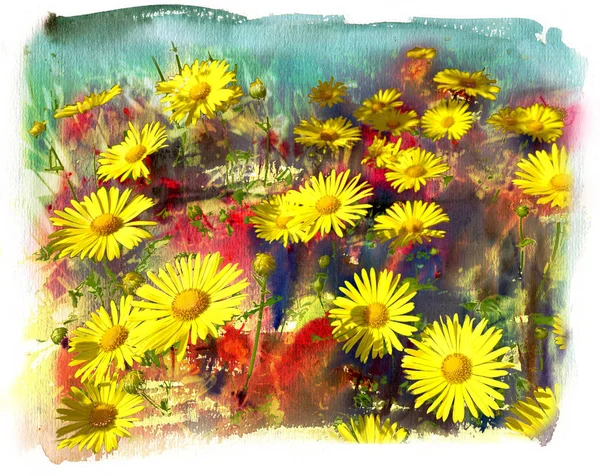 Gele Bloemen Tuin Aquarel Gemengde Technologie Artistieke Achtergrond — Stockfoto