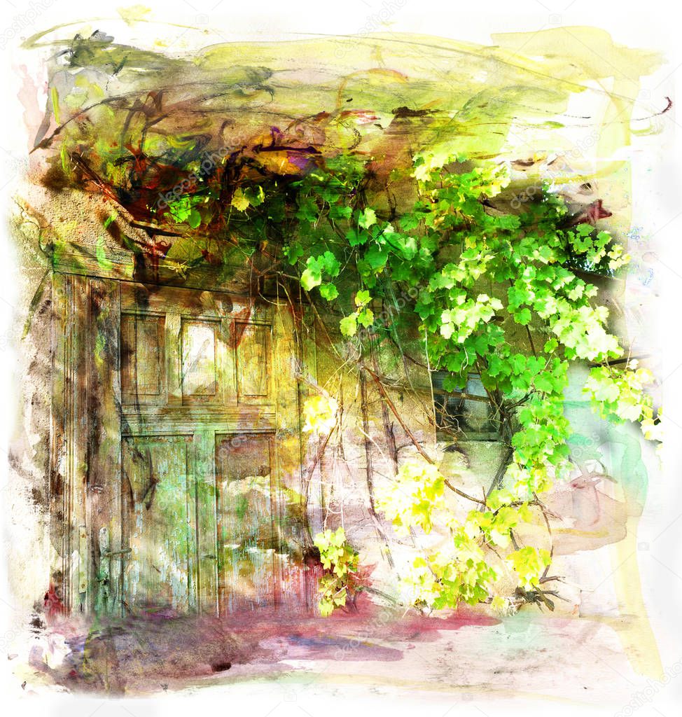Wine grapevine at the door, abstract painting and combined technique