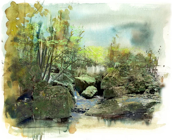 Stony brook in spring, watercolor and mixed media, illustration background