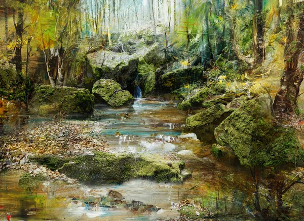 Stony brook in autumn, oilpainting and mixed media, illustration background