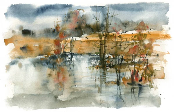 Autumn Landscape Lake Watercolor Painting — Stock Photo, Image