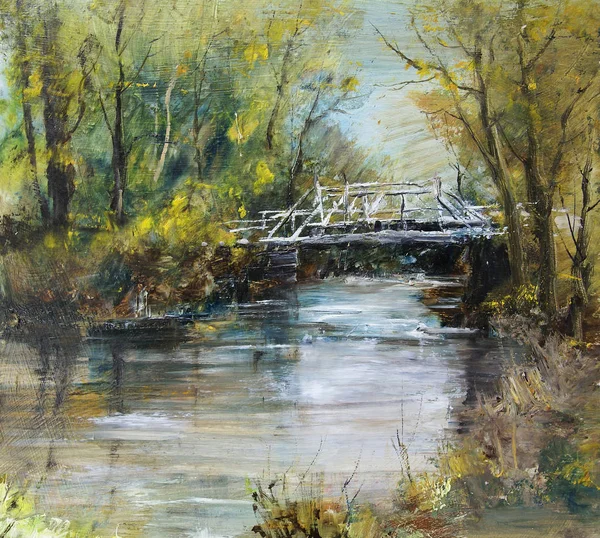 Río Con Puente Blanco Pintura Óleo Ilustración Arte — Foto de Stock