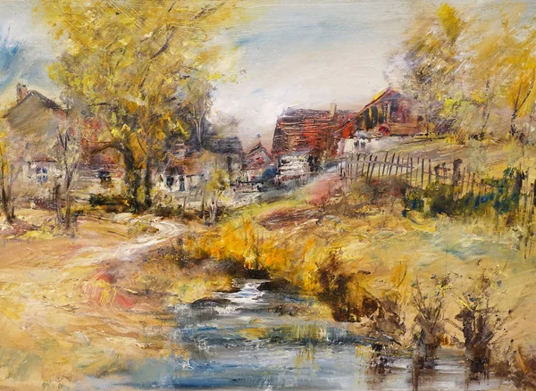 Path Village Stream Oil Painting Illustration — Stock Photo, Image