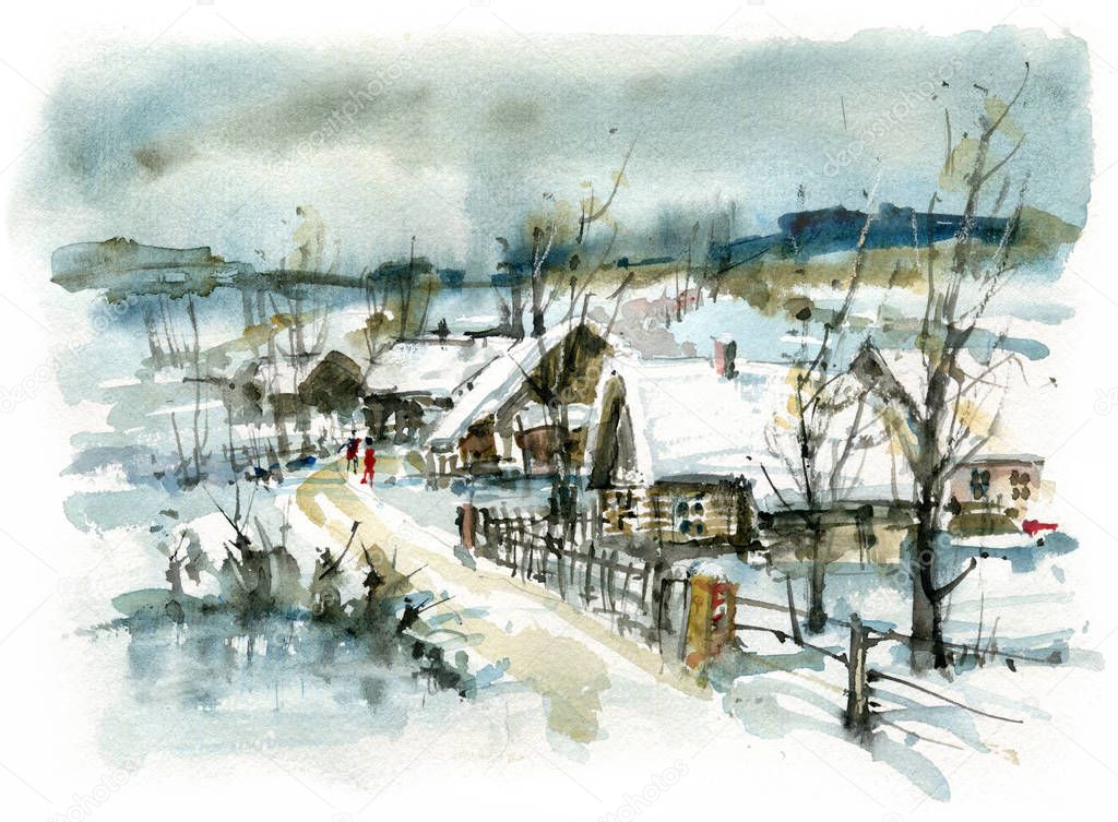 A path from the village, a winter landscape painted with a watercolor
