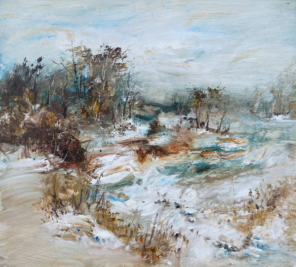 Paisaje Invierno Por Bosque Pintura Óleo — Foto de Stock