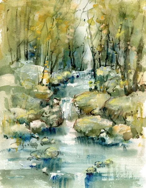 Forest stream with stones, watercolor — Stock Photo, Image