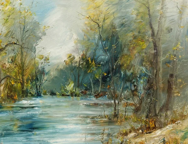 Lago da floresta, pintura a óleo — Fotografia de Stock