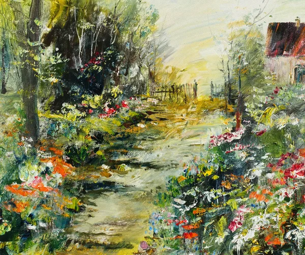 Jardim florescente, pintura a óleo Imagens Royalty-Free