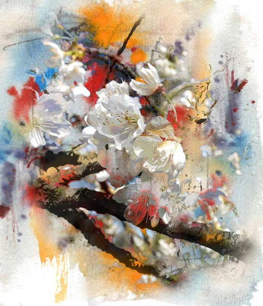 Vårmotiv, blomstrende epletre på abstrakt bakgrunn stockbilde