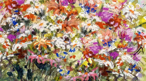 Blühendes Blumenbeet, Aquarell und Acrylmalerei — Stockfoto