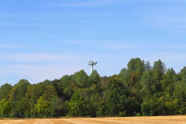 cellular tower on a hill in a forest with trees and shades of green
