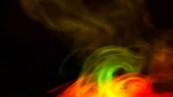 Curly creeping puffs of smoke on a dark background, illuminated by light with different colors. — Stock Video