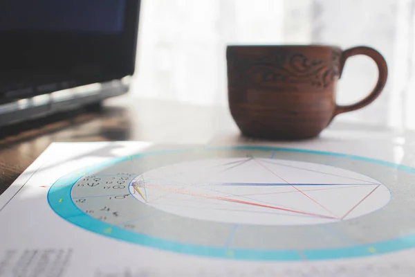 Modern bir astrologun işyeri. Astrolojik çizelgeler, diyagramlar, masanın etrafına saçılmış masalar. Masanın üzerinde bir fincan aromatik kahve. Siyah dizüstü.