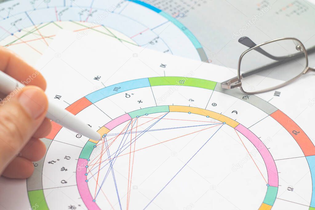 The magic of the workplace of a modern astrologer. Astrological charts scattered across the table, tables, charts, diagrams. Icons of planets, houses, aspects.