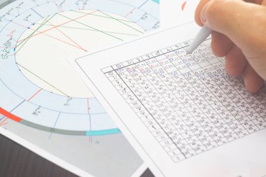 Modern bir astrologun iş yerinin büyüsü. Astrolojik çizelgeler masaya saçılmış, tablolar, çizelgeler, şemalar. Gezegenlerin, evlerin, bakış açılarının simgeleri.
