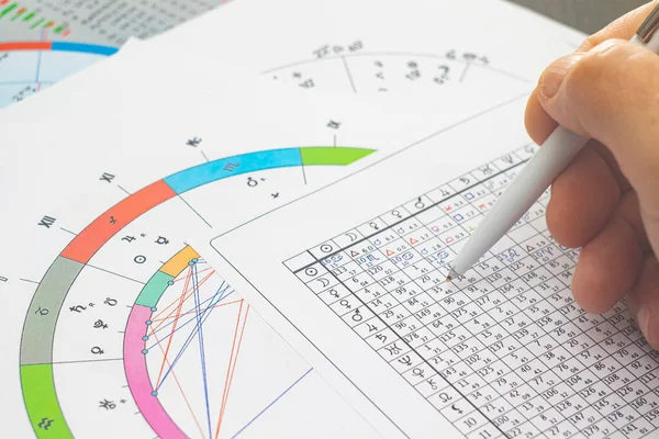 Modern bir astrologun iş yerinin büyüsü. Astrolojik çizelgeler masaya saçılmış, tablolar, çizelgeler, şemalar. Gezegenlerin, evlerin, bakış açılarının simgeleri.