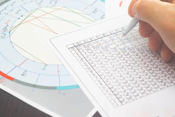 現代の占星術師の職場の魔法 チャート 図に散在する占星術のチャート 側面のアイコン — ストック写真