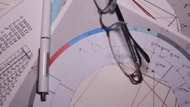 Modern bir astrologun işyeri. Astrolojik çizelgeler, tablolar, tablolar masanın etrafına dağılmış diyagramlar. Gezegenlerin, aydınlatmaların, bakış açılarının astrolojik sembolleri.