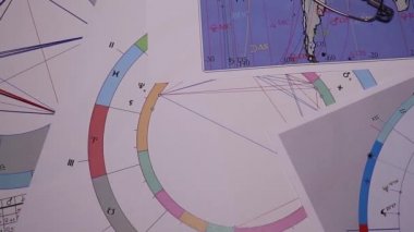 Modern bir astrologun işyeri. Astrolojik çizelgeler, tablolar, tablolar masanın etrafına dağılmış diyagramlar. Gezegenlerin, aydınlatmaların, bakış açılarının astrolojik sembolleri.