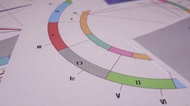Modern bir astrologun işyeri. Astrolojik çizelgeler, tablolar, tablolar masanın etrafına dağılmış diyagramlar. Gezegenlerin, aydınlatmaların, bakış açılarının astrolojik sembolleri.