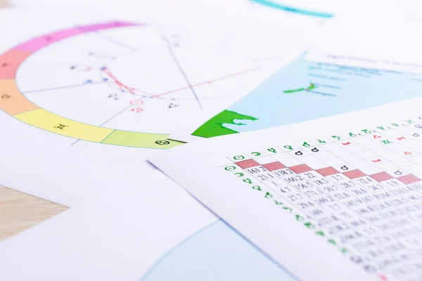 The desktop of an astrologer. The magical mysterious atmosphere of the working environment of the predictor of the future. Printouts of astrological charts and tables scattered across the table.