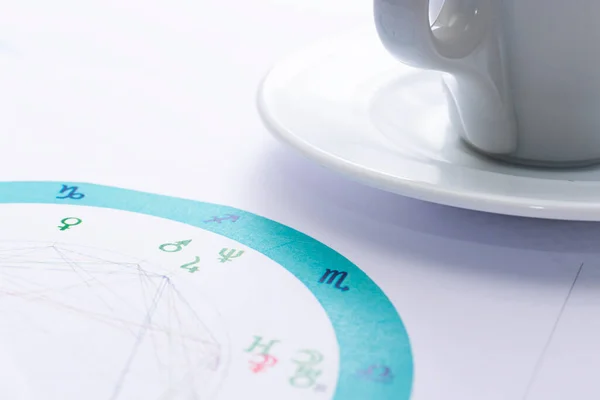 Bir astrologun masaüstü bilgisayarı. Geleceğin tahmincisinin çalışma ortamının büyülü gizemli atmosferi. Astrolojik çizelge ve tabloların çıktıları masaya saçılmış..