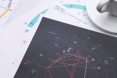 Bir astrologun masaüstü bilgisayarı. Geleceğin tahmincisinin çalışma ortamının büyülü gizemli atmosferi. Astrolojik çizelge ve tabloların çıktıları masaya saçılmış..