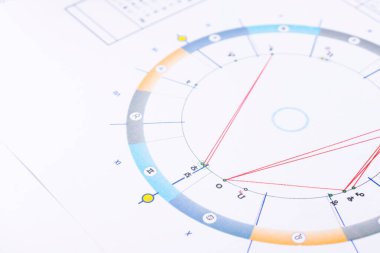 Bir astrologun masaüstü bilgisayarı. Geleceğin tahmincisinin çalışma ortamının büyülü gizemli atmosferi. Astrolojik çizelge ve tabloların çıktıları masaya saçılmış..