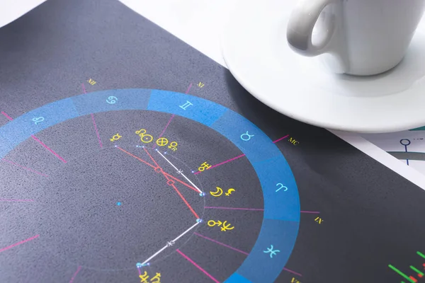 占星術師のデスクトップ 未来の予測者の作業環境の魔法の神秘的な雰囲気 表に散在する占星術のチャートや表の印刷 — ストック写真