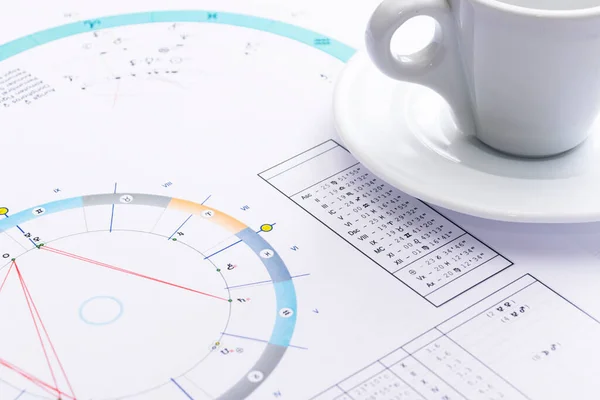 Bir astrologun masaüstü bilgisayarı. Geleceğin tahmincisinin çalışma ortamının büyülü gizemli atmosferi. Astrolojik çizelge ve tabloların çıktıları masaya saçılmış..