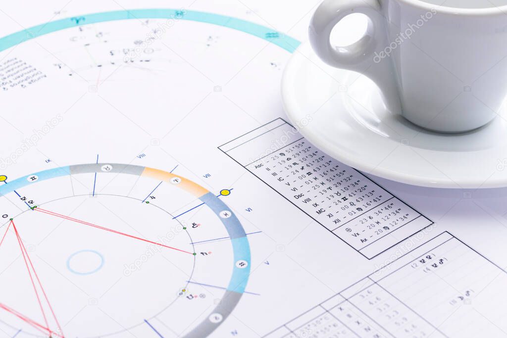The desktop of an astrologer. The magical mysterious atmosphere of the working environment of the predictor of the future. Printouts of astrological charts and tables scattered across the table.