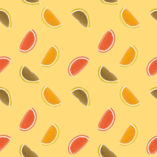 マーマレードスライスのシームレスなパターン 柑橘類のスライスの形で着色されたマーマレード 砂糖を振りかけた — ストック写真